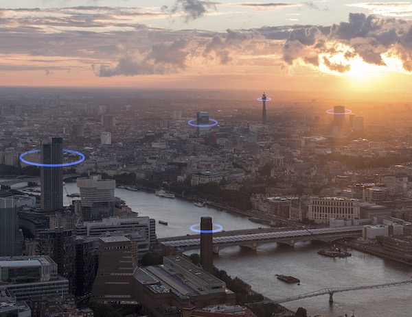 Vista aérea de ciudad global al atardecer